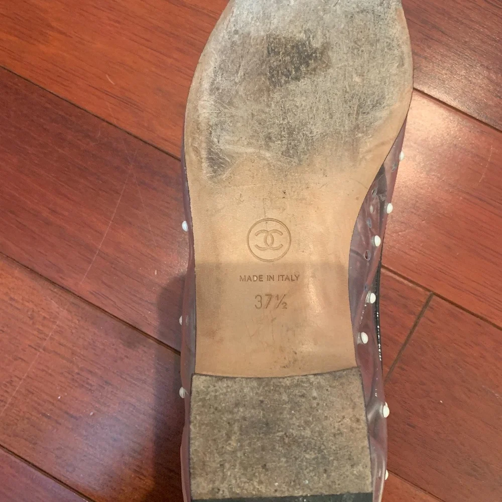 CHANEL PVC serial#GO2819 clear balerina flats 37 1/2 with Pearl Polka Studs-used